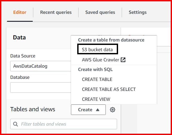 Picture showing creating the data source from the S3 bucket